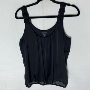 Vintage Y2K Wet Seal Black Bubble Hem Going Out Tank Top W Floral Strap Detail M